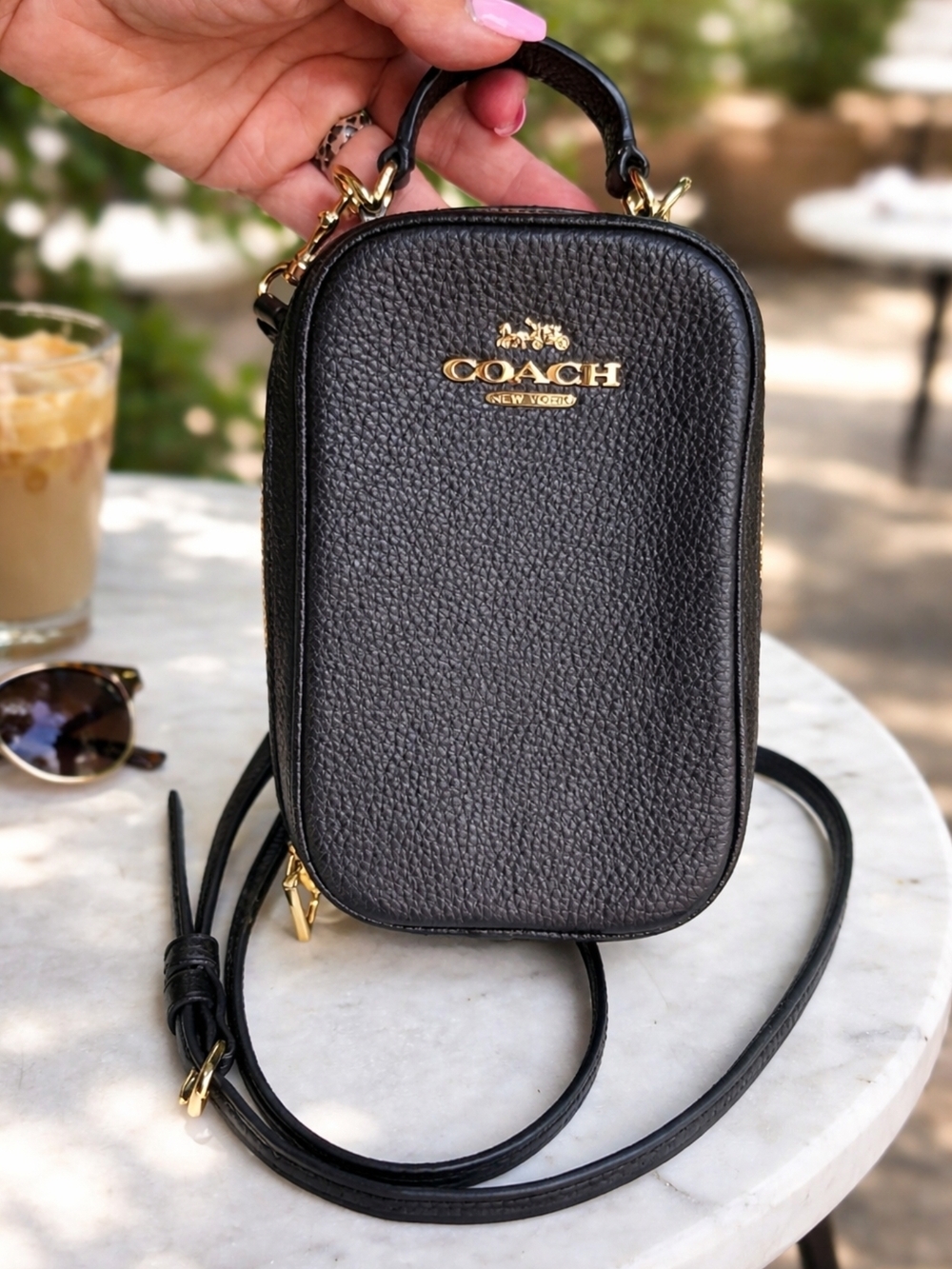 Coach Black Pebbled Leather Cell Phone Crossbody with Gold Hardware